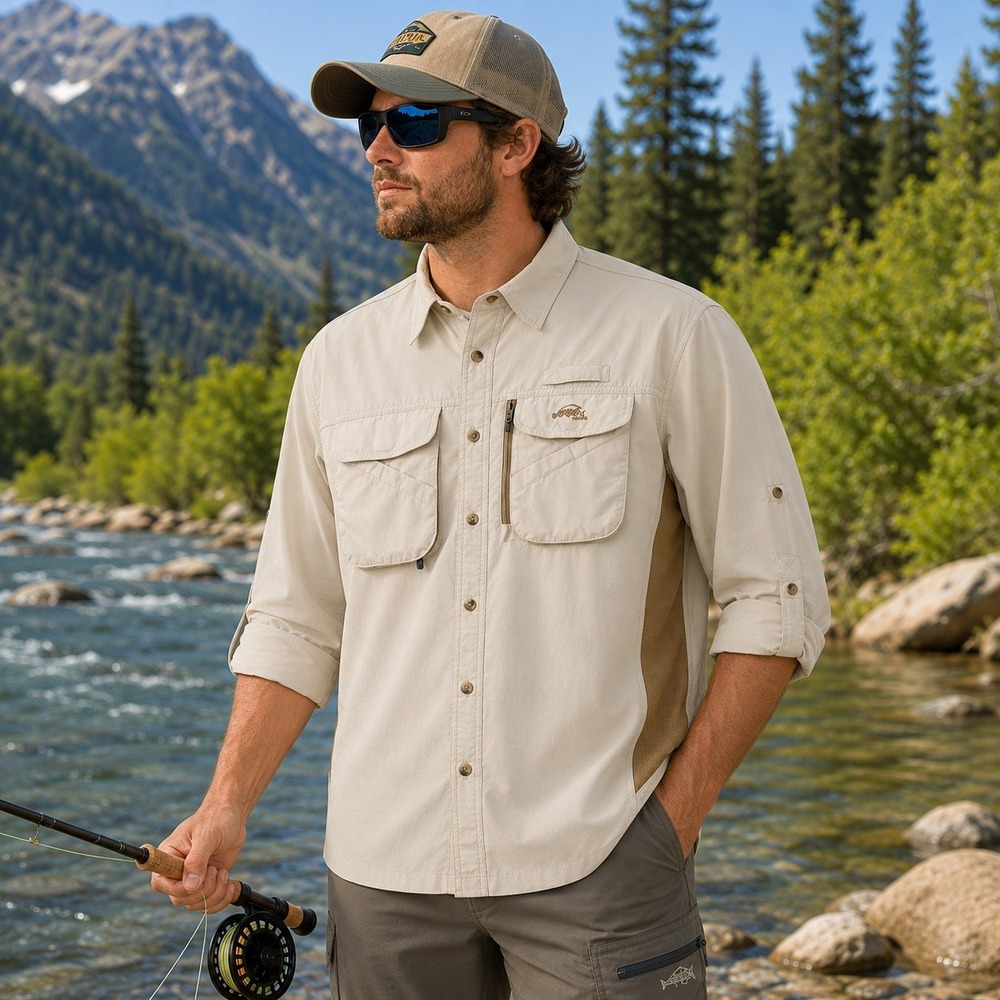 Natural Gear Vented Fly Fishing Shirt Mens XL XG Khaki Nylon Long Sleeve